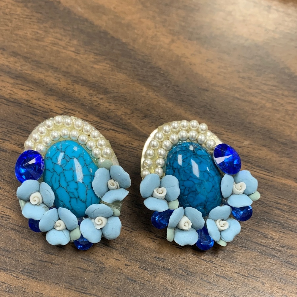 Blue Floral Pearl Earrings